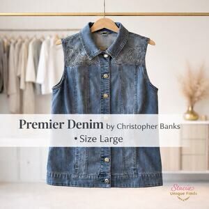 Denim Embroidered Sleeveless Jean Vest Womens Large Western Christopher Banks